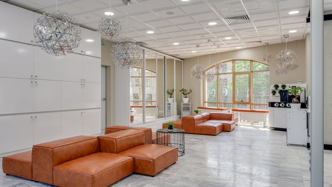 Modern commercial flooring in professional business environment with anti-static capabilities